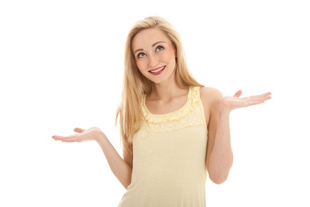 young beautiful blonde woman emotion isolated on white backgroundの写真素材