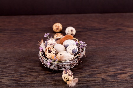 easter decoration with quail eggs on wooden backgroundの写真素材
