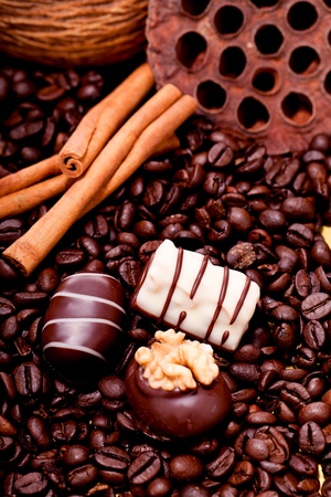 collection of different chocolate pralines truffels on golden brown background macroの写真素材