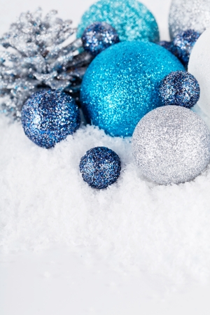 traditional festive christmas decoration glitter in silver and blueの写真素材