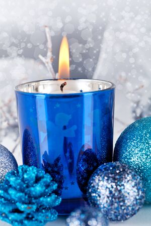 traditional festive christmas decoration glitter in silver and blueの写真素材
