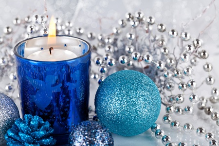 traditional festive christmas decoration glitter in silver and blueの写真素材