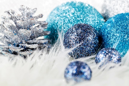 traditional festive christmas decoration glitter in silver and blueの写真素材