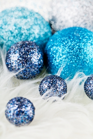traditional festive christmas decoration glitter in silver and blueの写真素材
