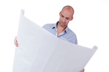 young adult businessman architect with blueprint portrait isolatedの写真素材