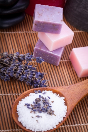 handmade lavender soap and bath salt wellness spa aroma objectsの写真素材