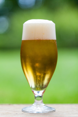 Elegant glass of cold refreshing beer, draft or lager with a frothy white head on a table outdoors in the garden, close up side viewの写真素材