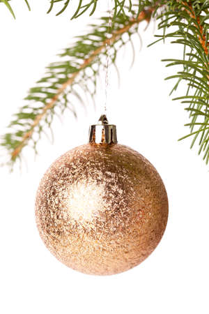 Traditional  and shiny Christmas ball hanging from a branch of a green fir tree, with copy space on whiteの写真素材