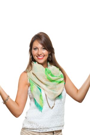 Close up Cheerful Pretty Young Woman in White Sleeveless Shirt with Scarf, Smiling at the Camera While Holding her Waist, Isolated on White Background.の写真素材