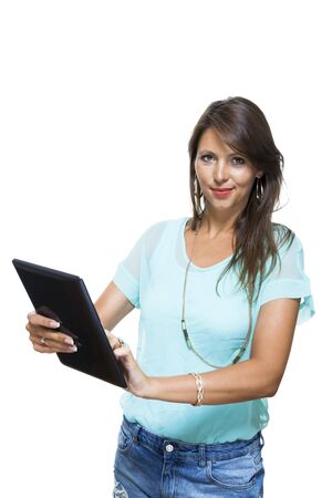 Close up Pretty Young Woman Browsing at her Black Tablet Computer, Isolated on White Background.の写真素材