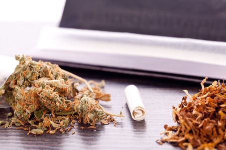 Close up Dried Cannabis Leaves on a Resealable Cellophane Wrapper and a Rolling Paper with Filter on Top of the Tableの写真素材