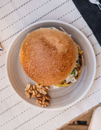 top view of a burger on a table.の写真素材