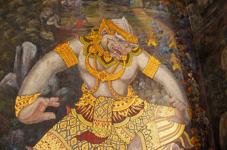 Art painting about Ramayana on a cliff wall at Wat Phra Kaew の写真素材