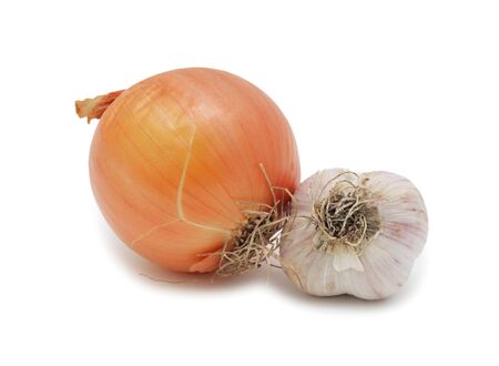 Garlic and onion, isolated on a white backgroundの写真素材