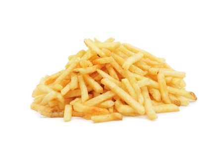Pile of potato chips, isolated on a white backgroundの写真素材