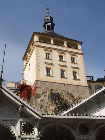 Old white building on the rocks on blue sky backgroundの写真素材