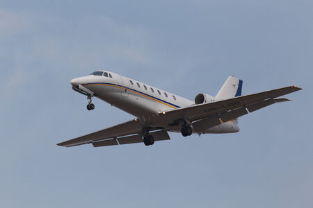 Borispol, Ukraine - March 15, 2014  Cessna 680 business aircraft on final approach to Borispol International Airport on March 15, 2014  Editorial use onlyのeditorial素材