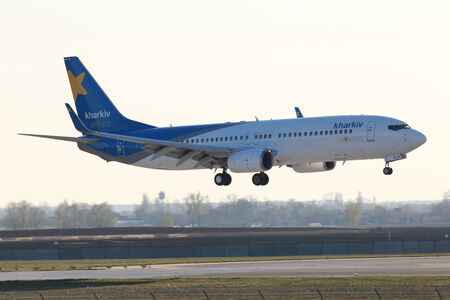 Borispol, Ukraine - April 5, 2014  Kharkiv Airlines Boeing 737-800 aircraft on final approach to Borispol International Airport on April 5th, 2014  Editorial use onlyのeditorial素材