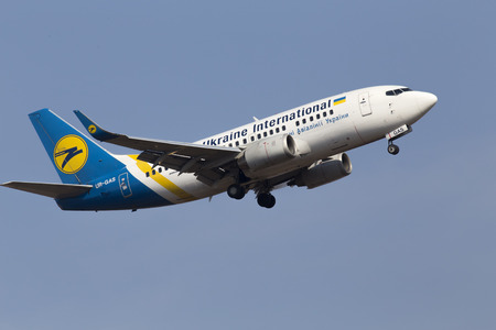 Borispol, Ukraine - March 23, 2014  Ukraine International Airlines Boeing 737-500 aircraft on final approach to Borispol International Airport on March 23, 2014  Editorial use onlyのeditorial素材