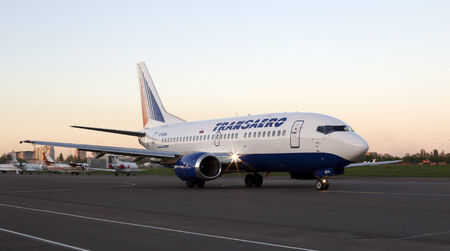 Kiev, Ukraine - April 25, 2014  Transaero Airlines Boeing 737 aircraft running on the runway of Kiev International Airport on April 25, 2014  Editorial use onlyのeditorial素材