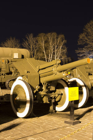 Soviet World War II  122mm howitzer M1938  M-30  in museum at nightのeditorial素材