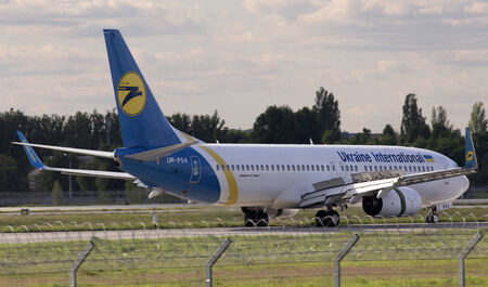 Borispol, Ukraine - May 6, 2014  Ukraine International Airlines Boeing 737-800 aircraft on final approach to Borispol International Airport on May 6, 2014  Editorial use onlyのeditorial素材