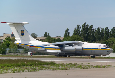 Borispol, Ukraine - May 9, 2014  Ukraine Air Force IL-76MD aircraft landing on the runway to Borispol International Airport on May 9, 2014  Editorial use onlyのeditorial素材