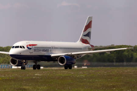Borispol, Ukraine - May 11, 2014  British Airways Airbus A320-232 aircraft preparing for take-off from the runway of Borispol International Airport on May 11, 2014  Editorial use onlyのeditorial素材