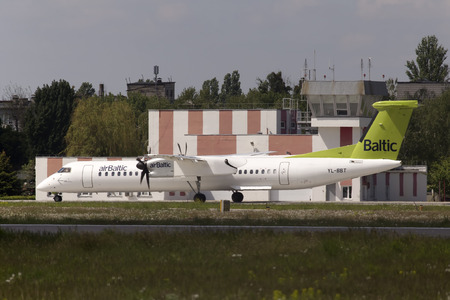 Borispol, Ukraine - May 11, 2014  airBaltic De Havilland Canada DHC-8-402Q Dash 8 aircraft running on the runway of the Borispol International Airport on May 11, 2014  Editorial use onlyのeditorial素材