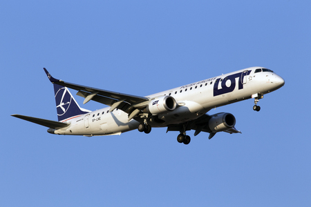 Borispol, Ukraine - March 22, 2017: LOT - Polish Airlines Embraer ERJ-195 aircraft on final approach to Borispol International Airport on March 22, 2017. Editorial use onlyのeditorial素材