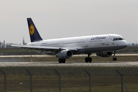 Kiev, Ukraine - March 25, 2017: Lufthansa Airbus A321-200 aircraft landing on the runway to Borispol International Airport on March 25, 2017. Editorial use onlyのeditorial素材