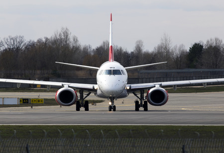 Kiev, Ukraine - March 25, 2017: Austrian Airlines Embraer ERJ-195 aircraft running on the runway of Borispol International Airport on March 25, 2017. Editorial use onlyのeditorial素材