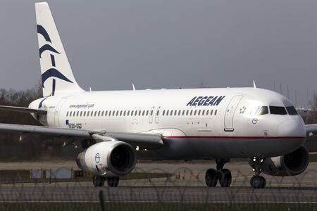 Kiev, Ukraine - March 25, 2017: Aegean Airlines Airbus A320-200 aircraft running on the runway of Borispol International Airport on March 25, 2017. Editorial use onlyのeditorial素材
