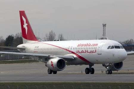 Borispol, Ukraine - March 25, 2017: Air Arabia Airbus A320-200 aircraft running on the runway of Borispol International Airport on March 25, 2017. Editorial use onlyのeditorial素材