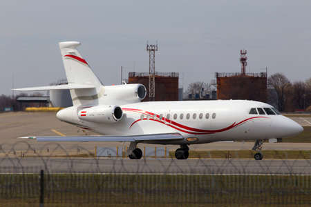 Borispol, Ukraine - March 25, 2017: Dassault Falcon 900EX aircraft preparing for take-off from the runway of Borispol International Airport on March 25, 2017. Editorial use onlyのeditorial素材