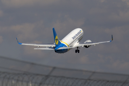 Borispol, Ukraine - May 11, 2014: Ukraine International Airlines Boeing 737-900ER aircraft departing from the Borispol International Airport on May 11, 2014. Editorial use onlyのeditorial素材