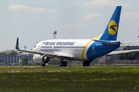 Borispol, Ukraine - May 11, 2014: Ukraine International Airlines Boeing 737-900ER aircraft departing from the Borispol International Airport on May 11, 2014. Editorial use onlyのeditorial素材