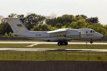 Borispol, Ukraine - May 20, 2017: Ukraine Government Antonov An-74TK-300D aircraft landing on the runway of Borispol International Airport on May 20, 2017. Editorial use onlyのeditorial素材