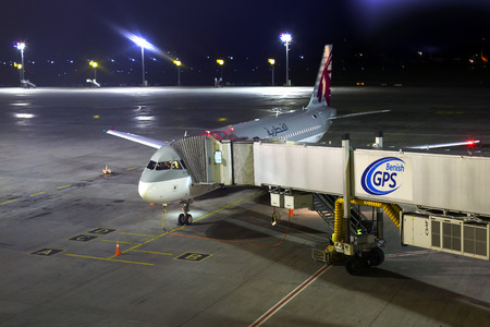 Borispol, Ukraine - August 28, 2017: Qatar Airways Airbus A320-200 A320-200 aircraft at the gate at Borispol International Airport on August 28, 2017. Editorial use onlyのeditorial素材