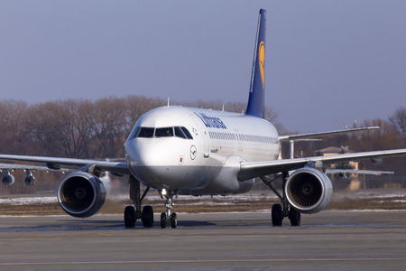 Borispol, Ukraine - March 26, 2018: Lufthansa Airbus A320 aircraft on the parking area at Borispol...