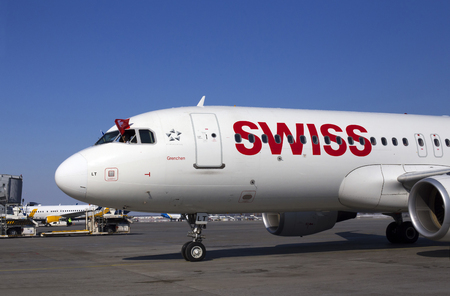 Borispol, Ukraine - March 26, 2018: Meeting of the first flight to Ukraine of Swiss International Airlines at Borispol International Airport. Editorial use onlyのeditorial素材