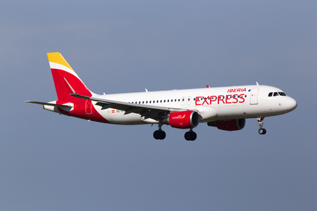 Borispol, Ukraine - May 25, 2018: EC-LYE Iberia Express Airbus A320-200 aircraft on the blue sky background. Editorial use onlyのeditorial素材