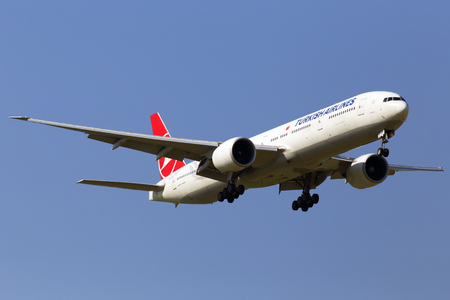 Borispol, Ukraine - May 25, 2018: TC-JJK Turkish Airlines Boeing 777-300ER on the blue sky background. Editorial use onlyのeditorial素材
