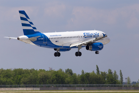 Borispol, Ukraine - May 25, 2018: SX-EMB Ellinair Airbus A319-100 aircraft landing on the runway of Borispol International Airport. Editorial use onlyのeditorial素材