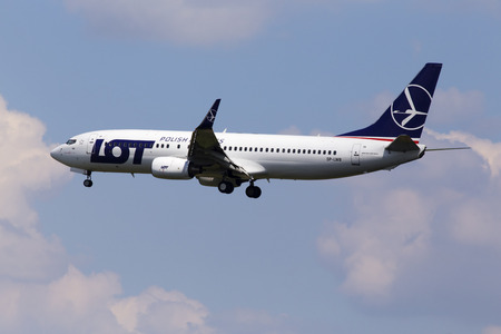 Borispol, Ukraine - May 25, 2018: SP-LWB LOT - Polish Airlines Boeing 737-800 aircraft on the cloudy sky background. Editorial use onlyのeditorial素材