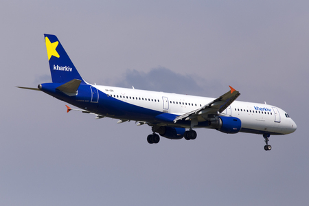 Borispol, Ukraine - May 25, 2018: UR-CRI Kharkiv Airlines Airbus A321-200 aircraft on the blue sky background. Editorial use onlyのeditorial素材