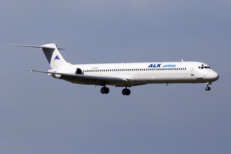 Borispol, Ukraine - May 26, 2018: LZ-DEO ALK Airlines McDonnell Douglas MD-82 aircraft on the blue sky background. Editorial use onlyのeditorial素材