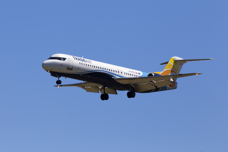 Borispol, Ukraine - May 26, 2018: 9A-BTD Trade Air Fokker F100 aircraft on the blue sky background. Editorial use onlyのeditorial素材