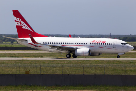 Borispol, Ukraine - May 26, 2018: 4L-TGM Airzena Georgian Airways Boeing 737-700 aircraft running on the runway of Borispol International Airportのeditorial素材