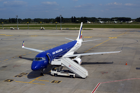 Borispol, Ukraine - August 01, 2018: ER-ECB Air Moldova Embraer ERJ-190 aircraft on the parking area at Borispol International Airportのeditorial素材